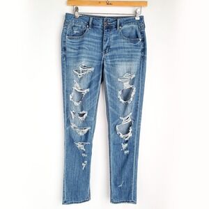 American Eagle Tom Girl Destroyed Distressed Jeans Womens 4 Tapered Stretch Blue